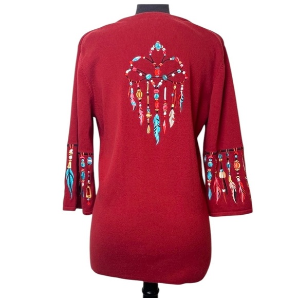Bob Macke Wearable Art Red Dreamcatcher Cardigan Sweater SZ L Feather Embroidery - Picture 1 of 16
